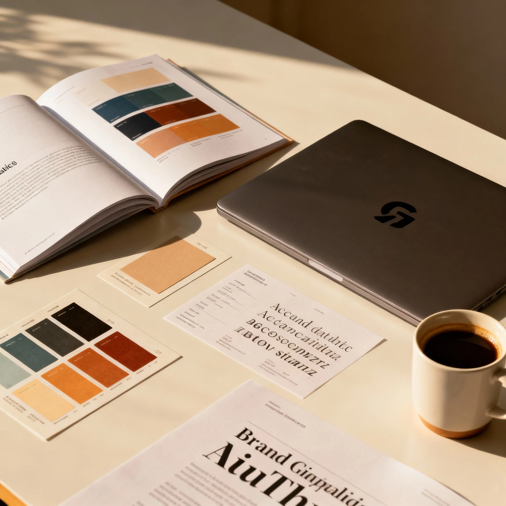 Brand book workspace with design materials
